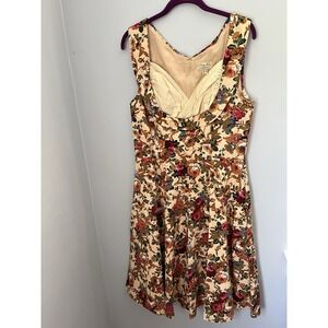 Lindy Bop Women's Ophelia Dress Size L Beige Floral Sleeveless Fit & Flare Retro